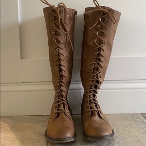 Brown lace up knee high boots